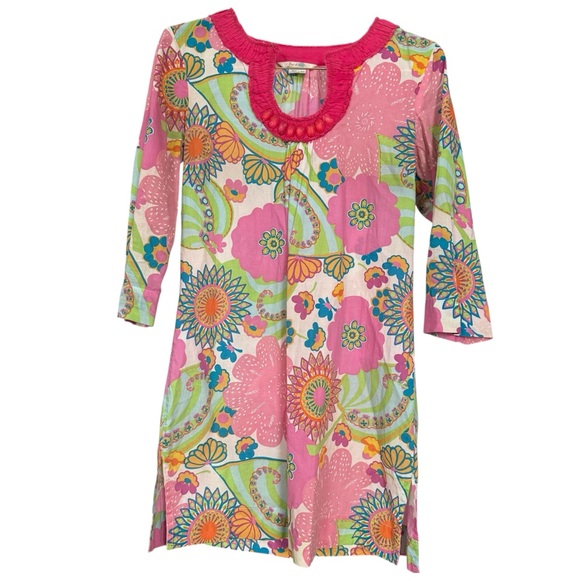 Boden Floral Beaded Neck 3/4 Sleeve Tunic Top Pink Green White Size 6 - Picture 2 of 12